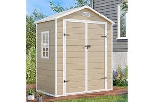 SELLERWE 6x3 FT Resin Storage Shed, Waterproof Outdoor Storage Shed with Floor, Window, Double Lockable Doors & 2 Vents, Tool Shed for Patio Garden, Lawn, Backyard, Light Brown