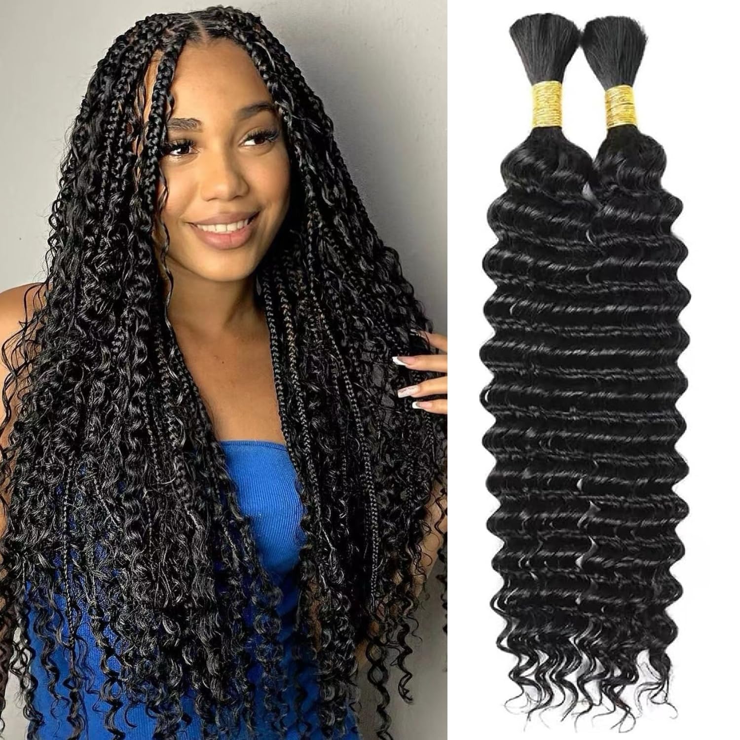 Human Braiding Hair 100g 24 Inch Deep Wave Bundles Human Hair Bulk Braiding Hair for Braiding No Weft Bundle Curly Human Hair Extensions for Boho Braids Wet and Wavy Human Hair — image 1