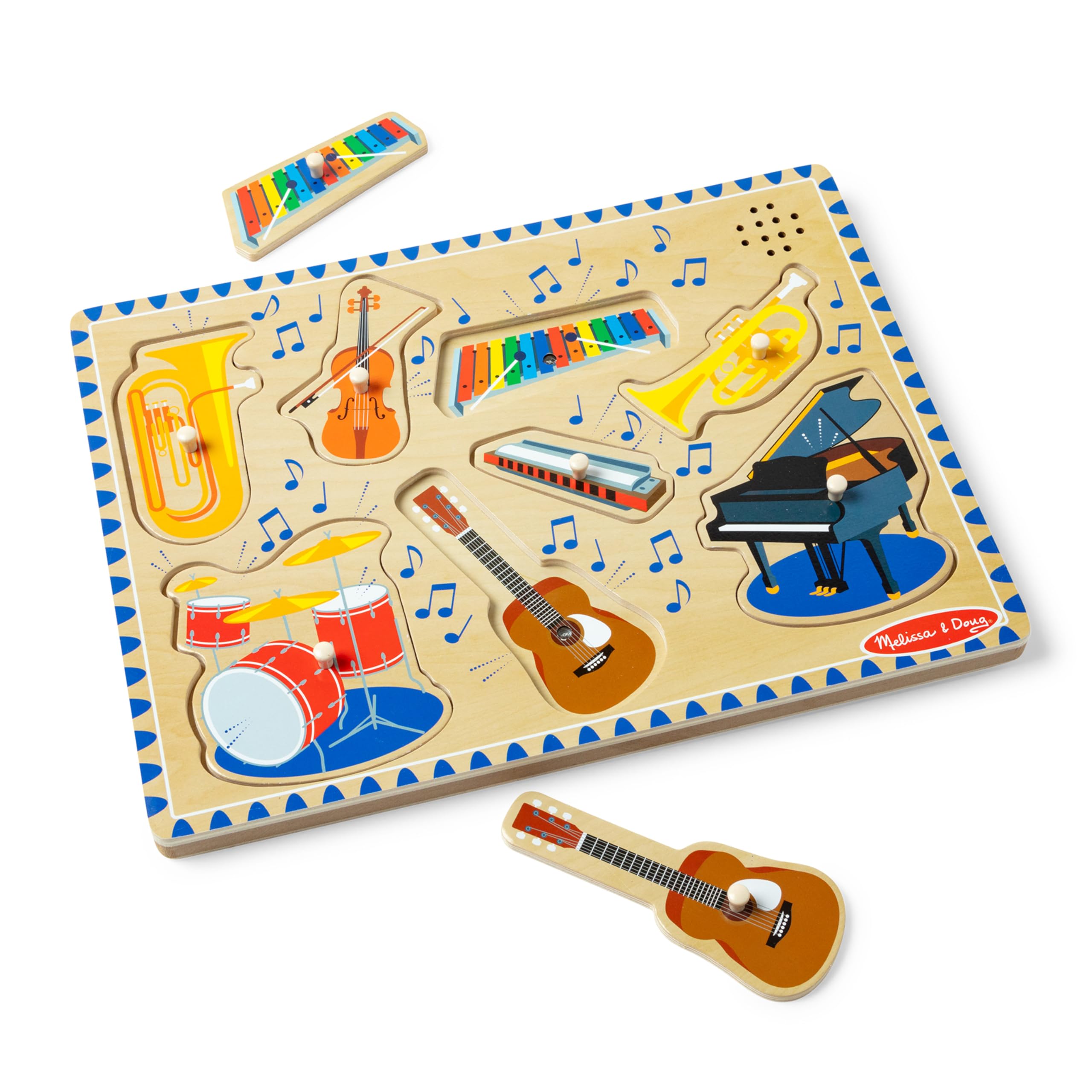 Melissa & Doug Musical Instruments Sound Puzzle - Wooden Peg Puzzle with Light-Activated Sound Effects (8 pcs) Wooden Peg Baby Music Learning Toys, for Toddlers and Preschoolers Ages 2+