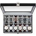 GUKA Watch Box, 12 Slot Watch Case with Large Real Glass Lid, Watch Organizer with Removable Watch Pillow, Black Synthetic Leather Watch Display, Black