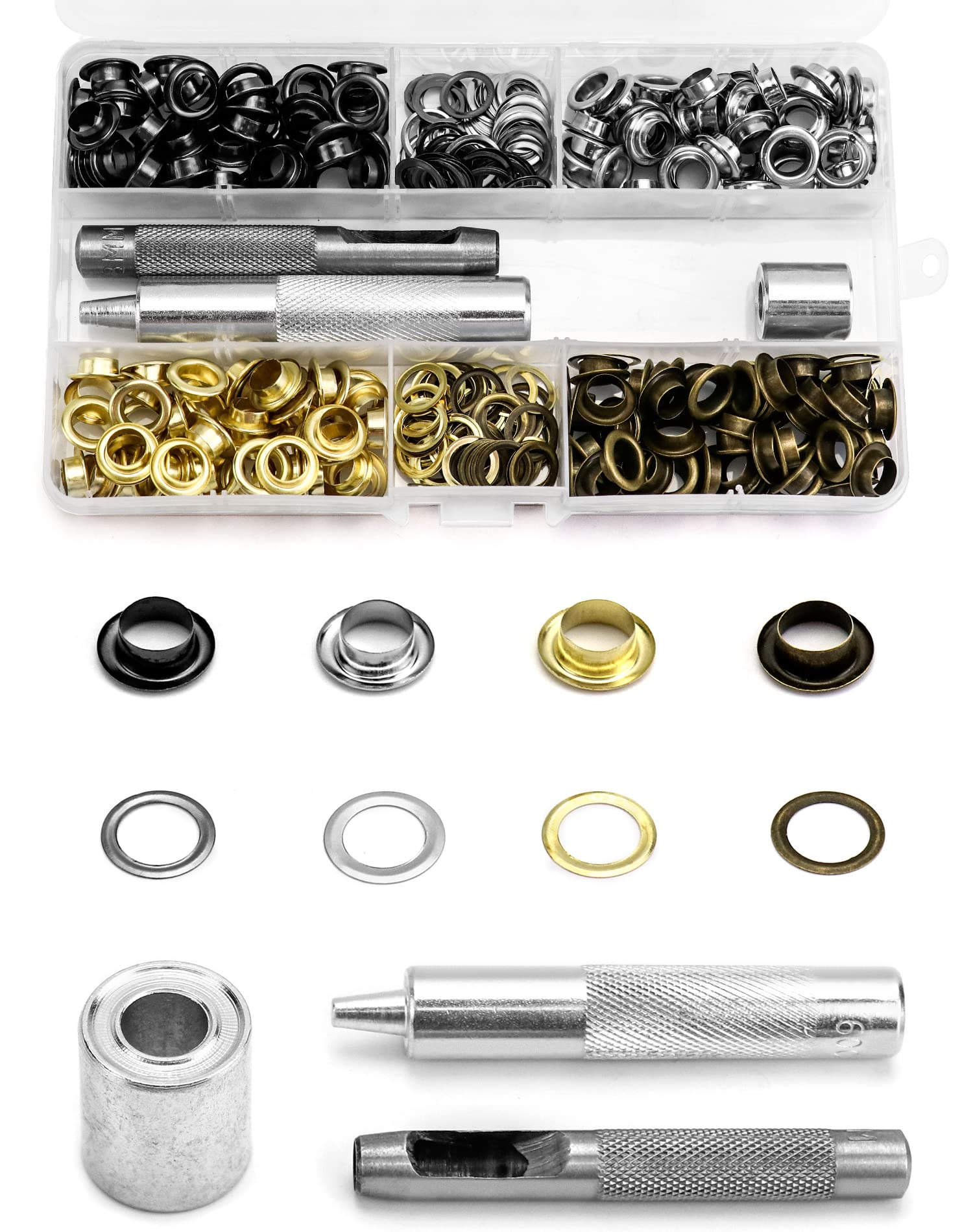 QWORK® 200 Sets 8mm Fabric Grommet Kit, Grommet Eyelet Kit, Metal Eyelets with 3 Grommets Setting for Fabric Leather Espadrilles DIY, 4 Colors