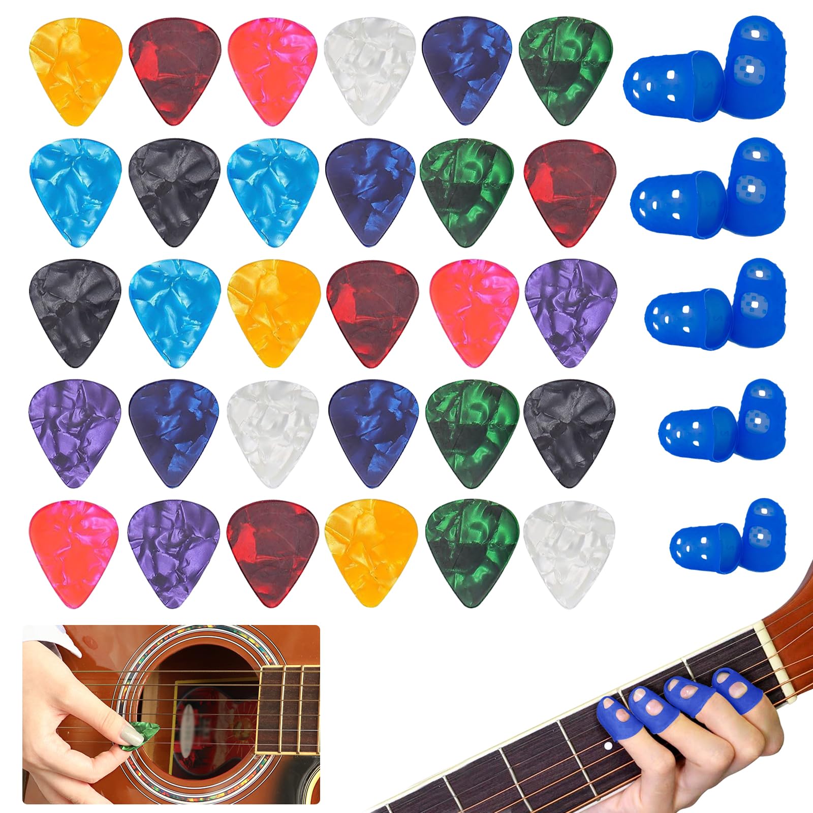 KASESSS 30 Pcs Guitar Picks Set with 10 Finger Protectors,Mixed Colorful Pick,0.75mm Thickness Plectrums,5 Sizes Silicone Fingertip Protectors for Playing,(KASY)