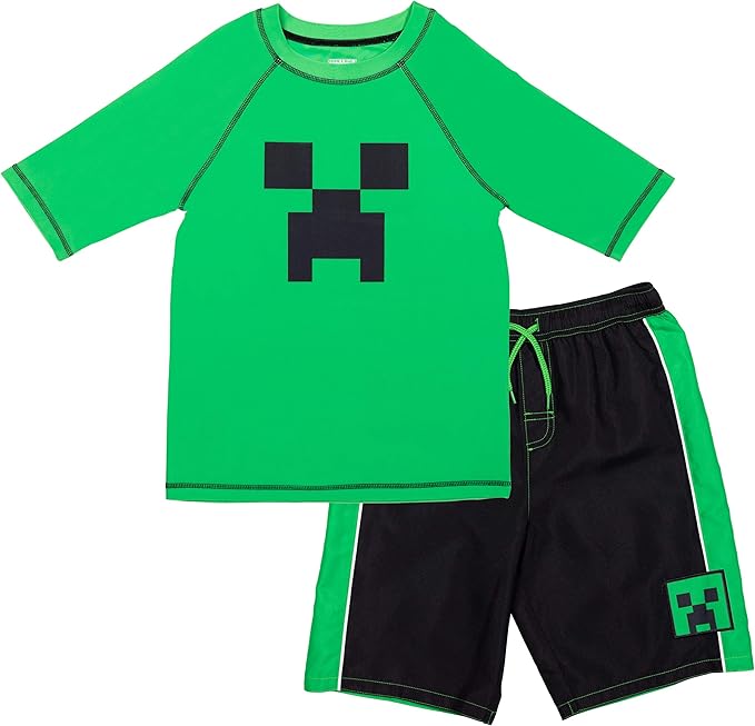 Minecraft Zombie Big Boys Costume Swim Rash Guard Swim Trunks Set Green