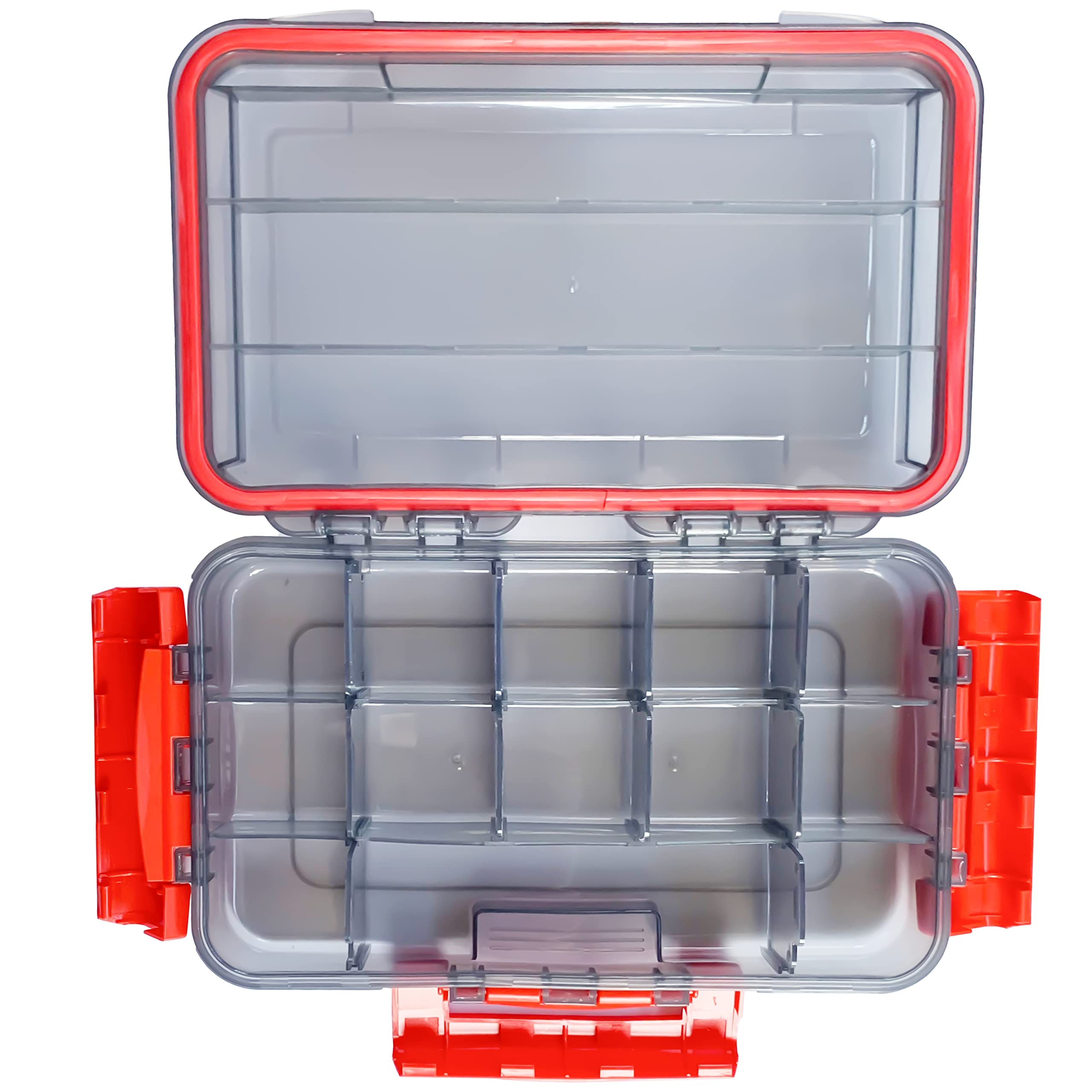 NewShot Large Waterproof Fishing Tackle Box, DIY Dividers Organizer Case for Lure Carp Sea Fly Fishing Swivel Hook Bait Tool Accessories Storage, Transparent Brown (Large - Red 35.5 * 22 * 5cm)