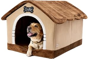 Jiupety Indoor Dog House with Frame, Large Dog Cave Bed, Insulated Cozy, Suitable for 60-100 lb, Jumbo (38"×30"×28"), Brown