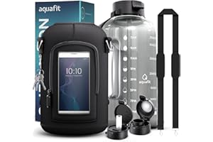 AQUAFIT 1 Gallon Water Bottle with Time Marker PLUS Carrying Sleeve with Strap - Water Bottle with Strap - 128 oz Water Bottle with Straw, Gym Water Bottle with Sleeve, Big Water Bottle with Handle