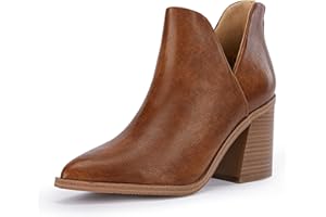 FISACE Womens Pointed Toe Stacked Mid Heel Ankle Boots V Cut Back Zipper Faux Leather Booties
