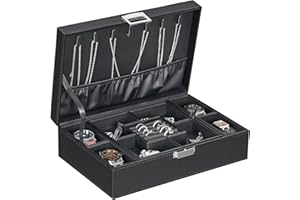 BEWISHOME Mens Jewelry Box Organizer, Jewelry Box for Men Women with 4 Watch Case Removable Tray, Jewelry Display Storage Case, Carbon Fiber Design Earring Ring Bracelet Case, Black SSH07C