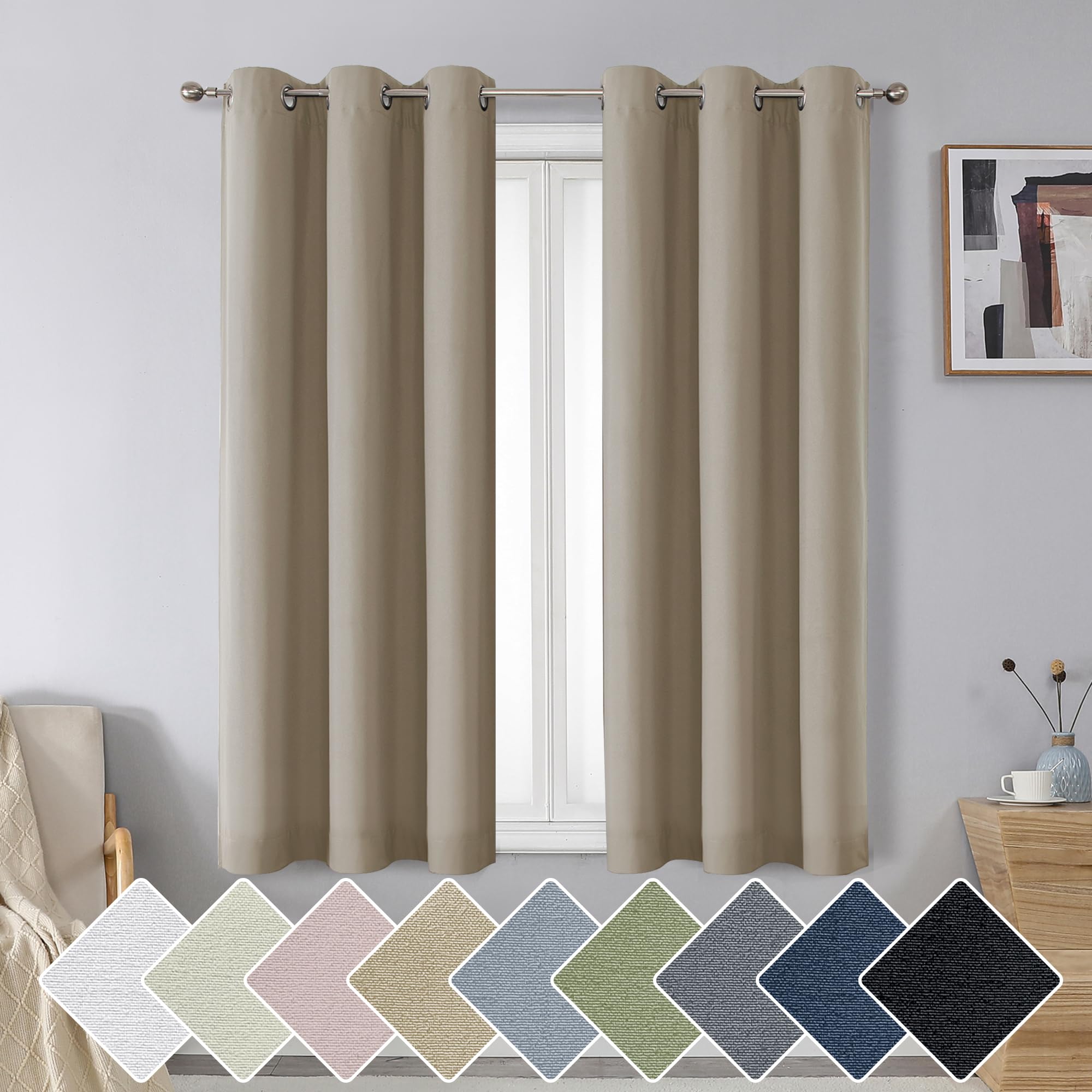 Photo 1 of Aiyufeng Nika 100% Blackout Curtains 54 inches Long for Bedroom, Soft & Keep Warm Total Darkness Drapes for Bedroom, Grommet Privacy Window Treatment for Patio (Pack of 2, 38in W x 54in L, Beige)