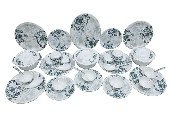 Family Dining Microwave Safe Double Coated 40 Pieces Attractive Melamine Dinner Set (Dark Green, 40)