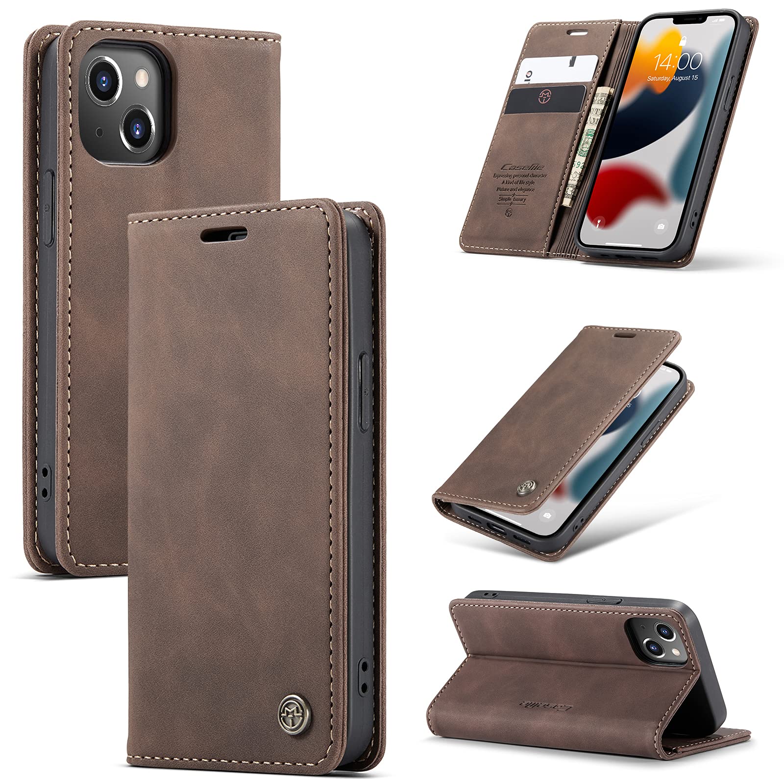 UFinetech Case for iPhone 13 Mini, Shockproof Anti-scratch Cover Compatible with iPhone 13 Mini 5.4”, Leather TPU Slim Soft Flip Magnetic Closure Kickstand Card Holder Wallet Camera Protector, Coffee
