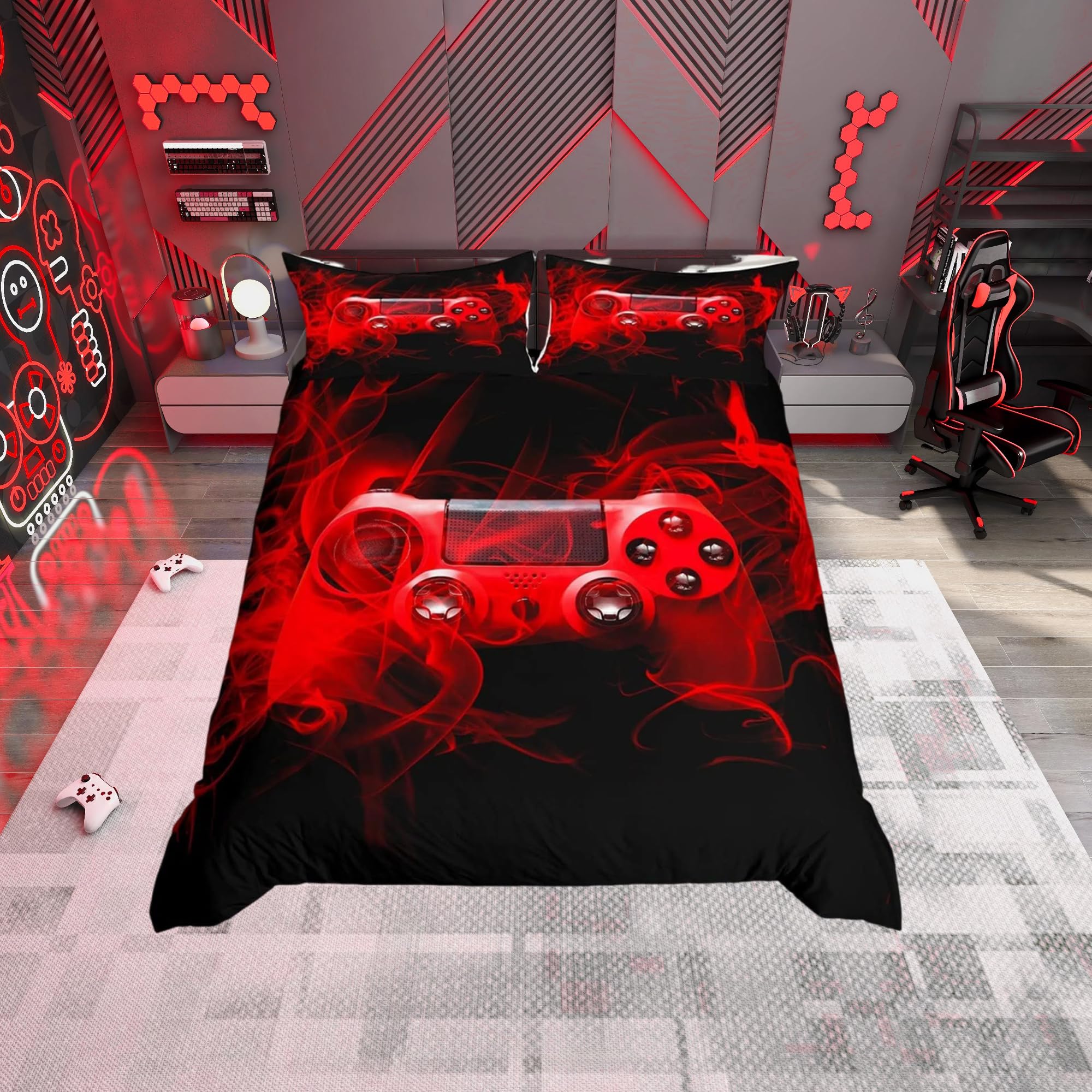 Kids Modern Gamer Bedding Set Single Size For Boys Girls Youth Game Controller Duvet Cover Teens Gamepad Comforter Cover Gaming Console Room Decor Cool Red Black Geometry With 1Pillow Case Zipper — image 1