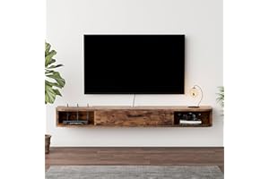 Bixiaomei Floating TV Unit, 55'' Wall Mounted TV Cabinet, Floating Shelves with Door, Modern Entertainment Media Console Center Large Storage TV Bench for Living Room & Office (55.12IN, Rustic Brown)