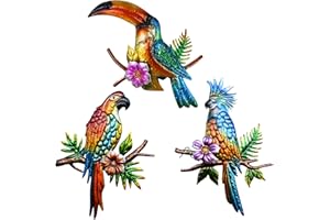 J-Fly Metal Parrot Wall Decor Tropical Outdoor Wall Decor Parrot Outdoor Metal Wall Art Metal Bird Wall Decor Outdoor Toucans Decor Patio Wall Fence Garden Home Kitchen Decor 11 Inch