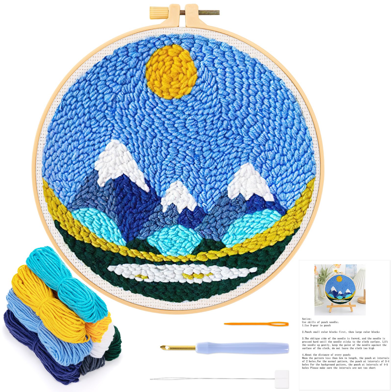 JSRQT Punch Needle Embroidery Starter Kits,Snow Mountain Pattern Rug Hooking Beginner Kit for Kids and Adults, Punch Needle Fabric with Threader, Yarns and Embroidery Hoops