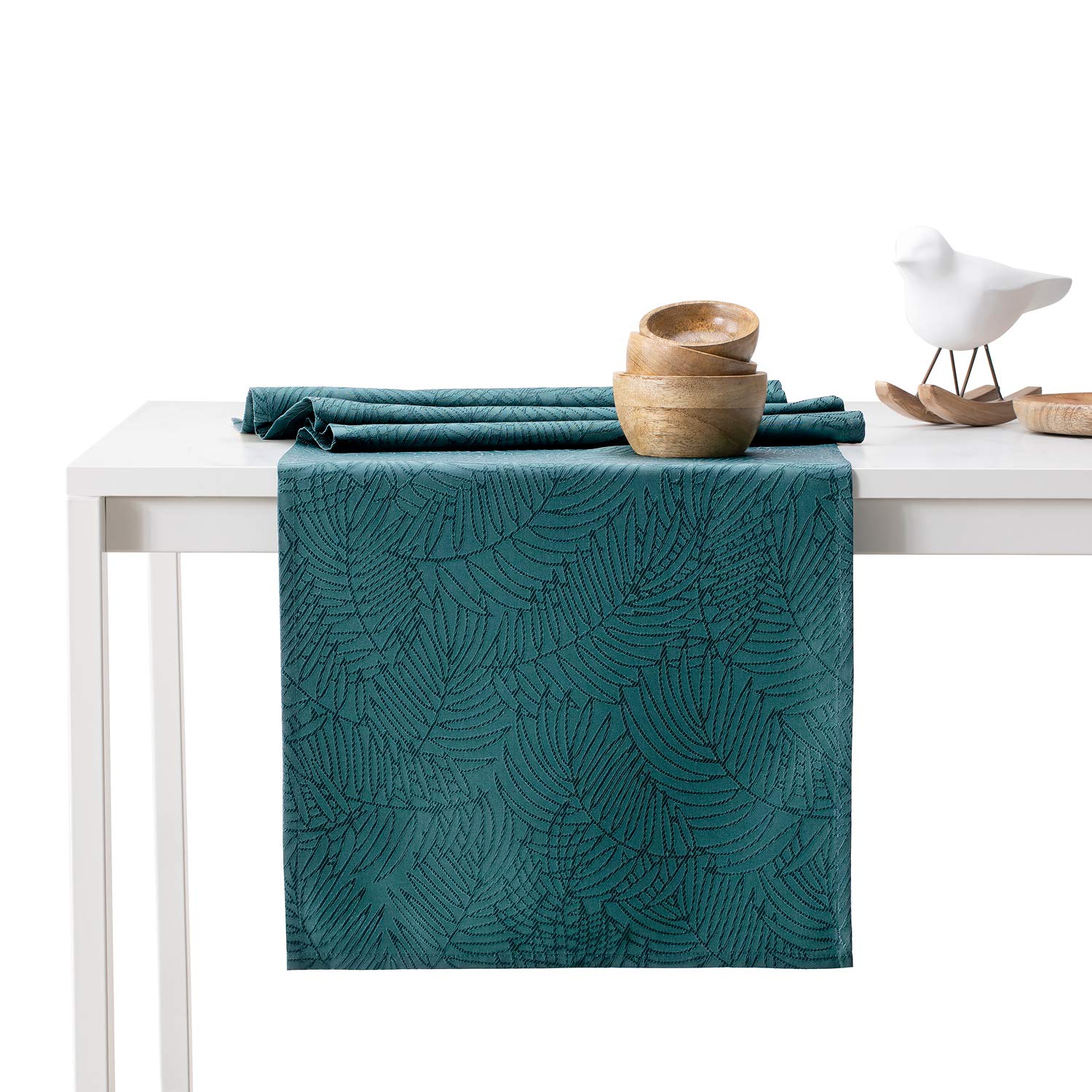 AmeliaHome Table Runner Set 35 x 180 cm and 115 x 180 cm Lotus Effect Water-Repellent Leaves Petrol Gaia