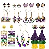 NLCAC Mardi Gras Earrings Set for Women Glitter Mask Fleur De Lis Stud Earrings Beaded Jester Mardi Gras Hoop Tassel Dangle Earrings Parade Carnival Jewelry Gifts
