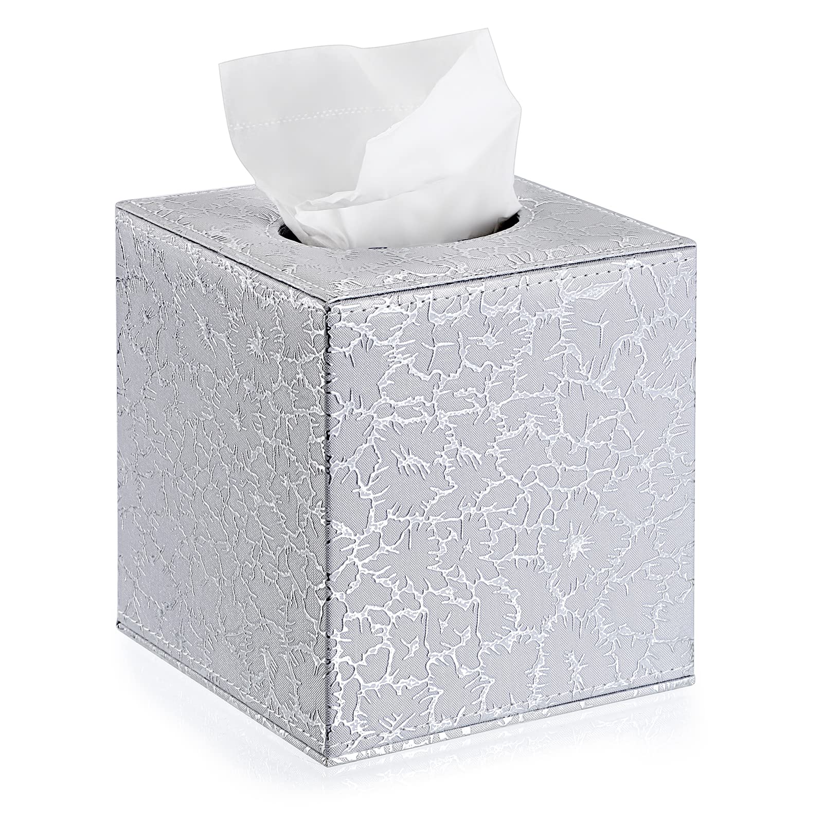 BTSKY Square PU Leather Tissue Box Cover - Stylish Cube Tissue Box Holder with Magnetic Bottom, Decorative for Vantity Dresser Night Stand Table Countertop Home Office Car (Silver)