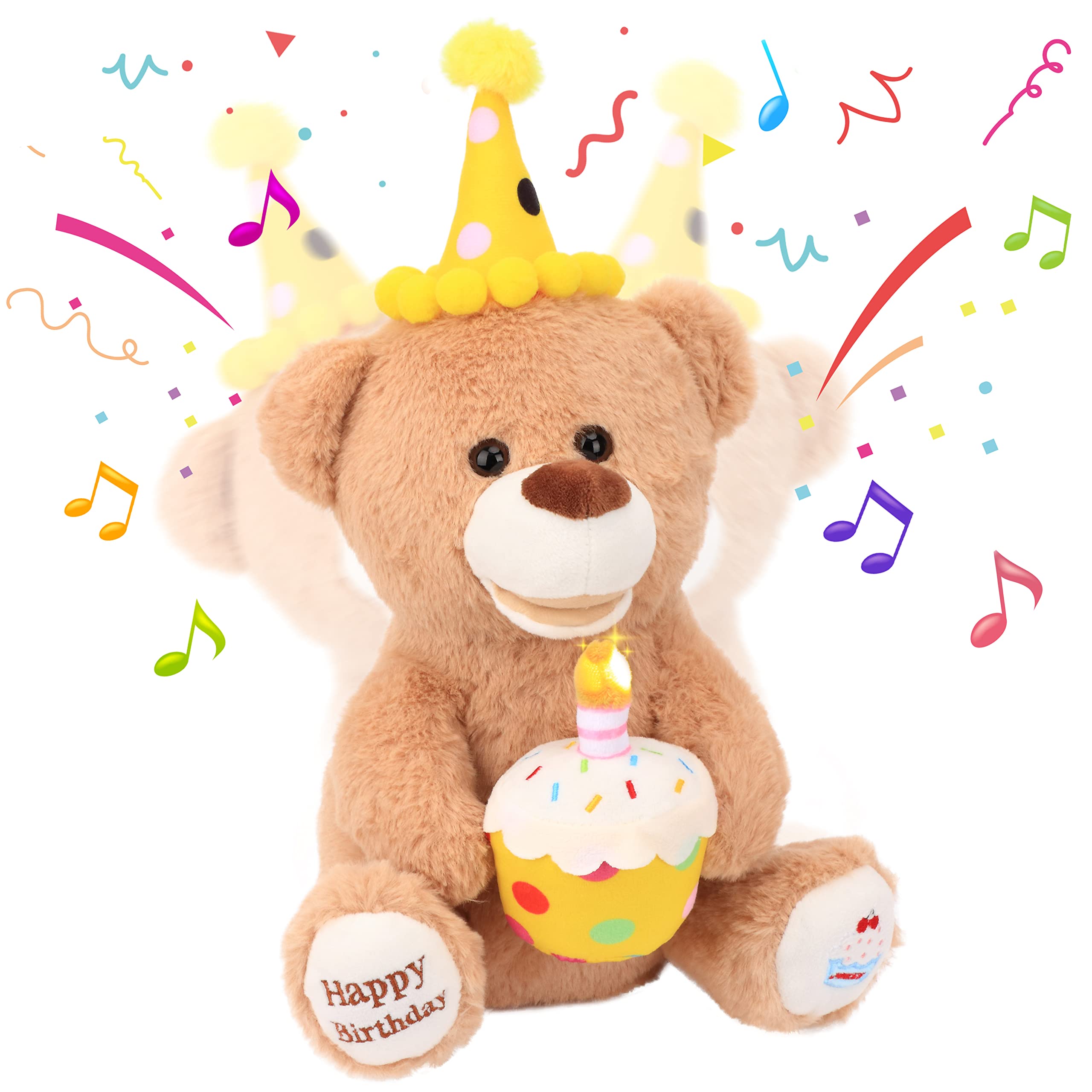 Photo 1 of Hopearl Adorable Happy Birthday Teddy Bear with Glowing Cupcake Musical Stuffed Animal Bear Singing and Shaking Plush Toy Interactive Animated Kids Gifts, Brown, 15’’