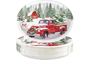 GRENCIAN Greencian 50Pcs Christmas Red Truck Oval Plates 10” x 12” Christmas Heavy Duty Oval Paper Plates Santa Party Tableware Supplies for Winter Xmas Holiday Party Decorations