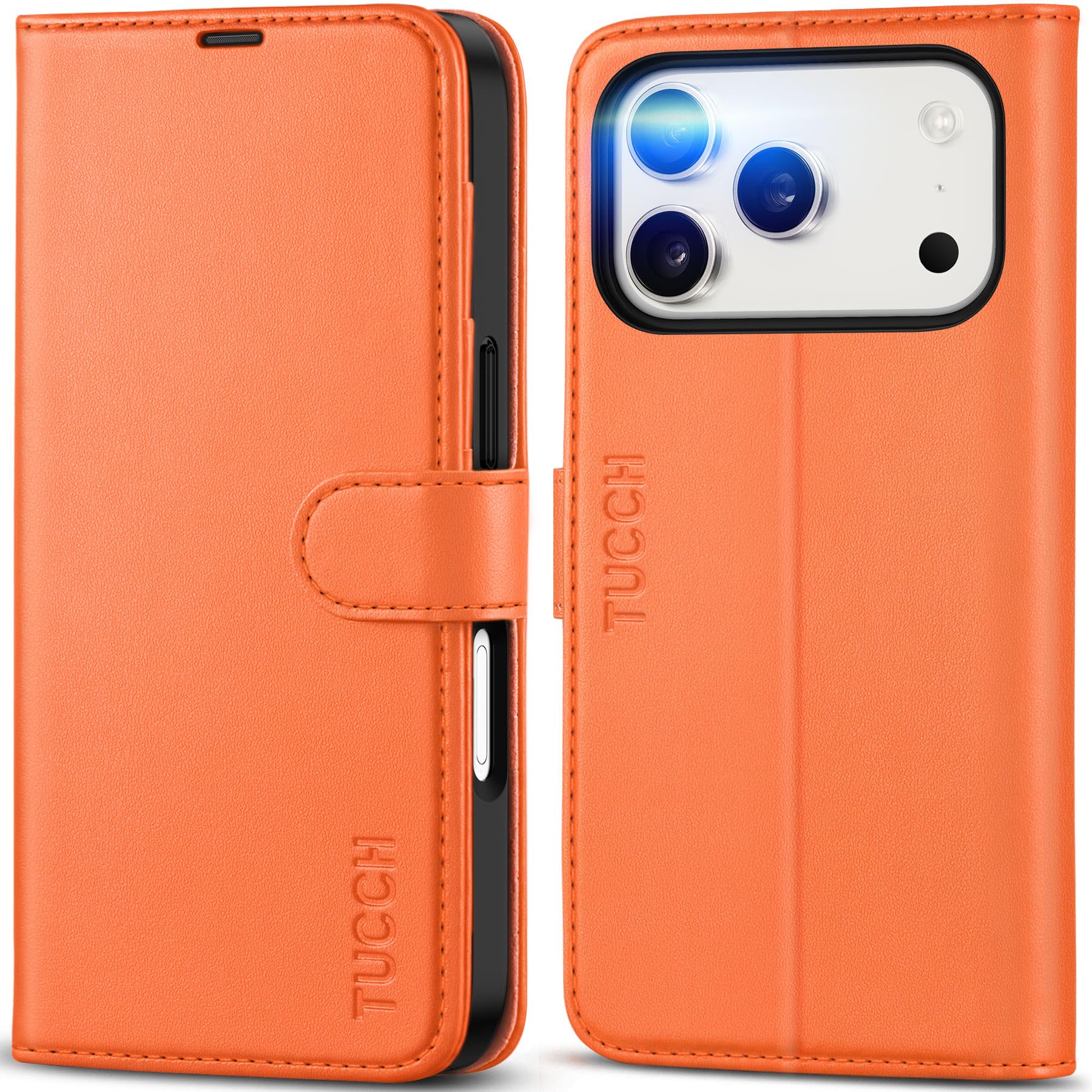 Photo 1 of TUCCH Wallet Case for iPhone 17 Pro (6.3") 2025, 4 Card Holders, RFID Blocking, Stand, Shockproof TPU Shell, PU Leather, Magnetic Closure, Protective Flip Folio Cover, Orange