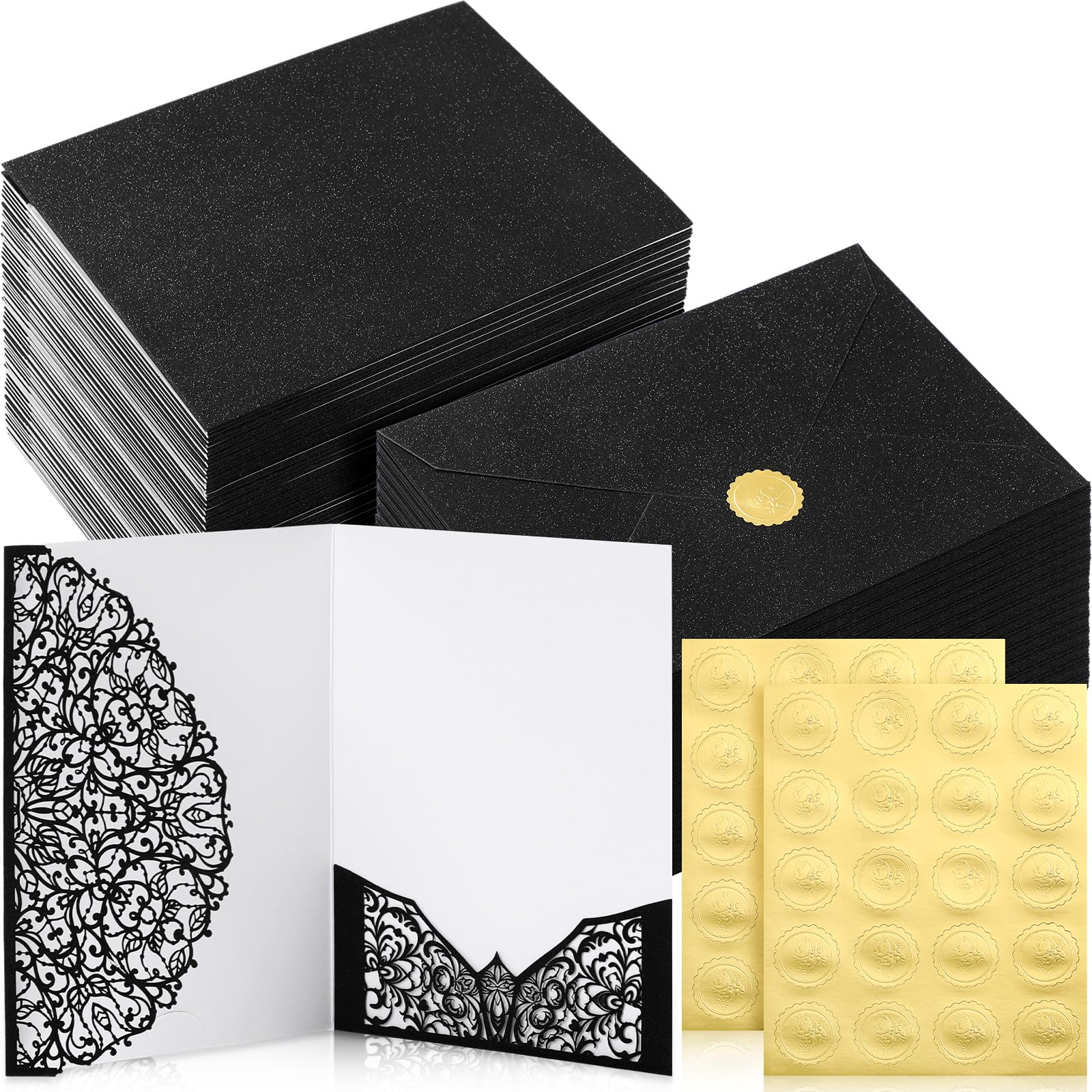 Photo 1 of PerKoop 100 Set 5 x 7 Laser Cut Wedding Invitation with Envelopes and Wax Seal Stickers Blank Pocket Invitation Cards Kit for Wedding Bridal Shower Engagement Invite(Black)