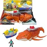 Fisher-Price Imaginext Jurassic World Rebirth Aquachomp Chase Mosasaurus | 18-inch Chomping Jaw Dinosaur Toy with 3-inch Action Figure, Launcher Boat &amp; 2 Projectiles