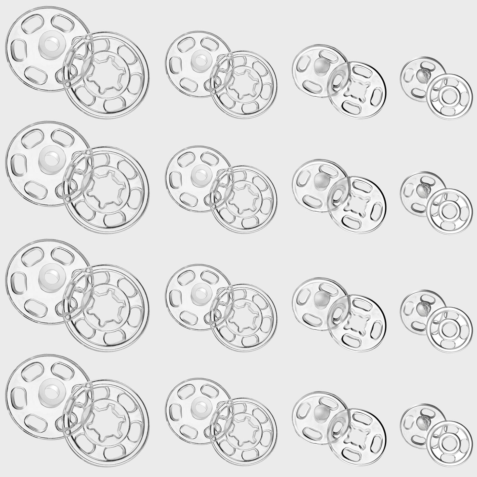 Chuangdi 100 Pairs Press Studs Snap Fasteners, Sew on Snap Buttons, Clear Plastic Poppers Fasteners for Clothes Purse Handbag Craft DIY Craft Supplies, 4 Assorted Sizes (7/12/15/21 mm)