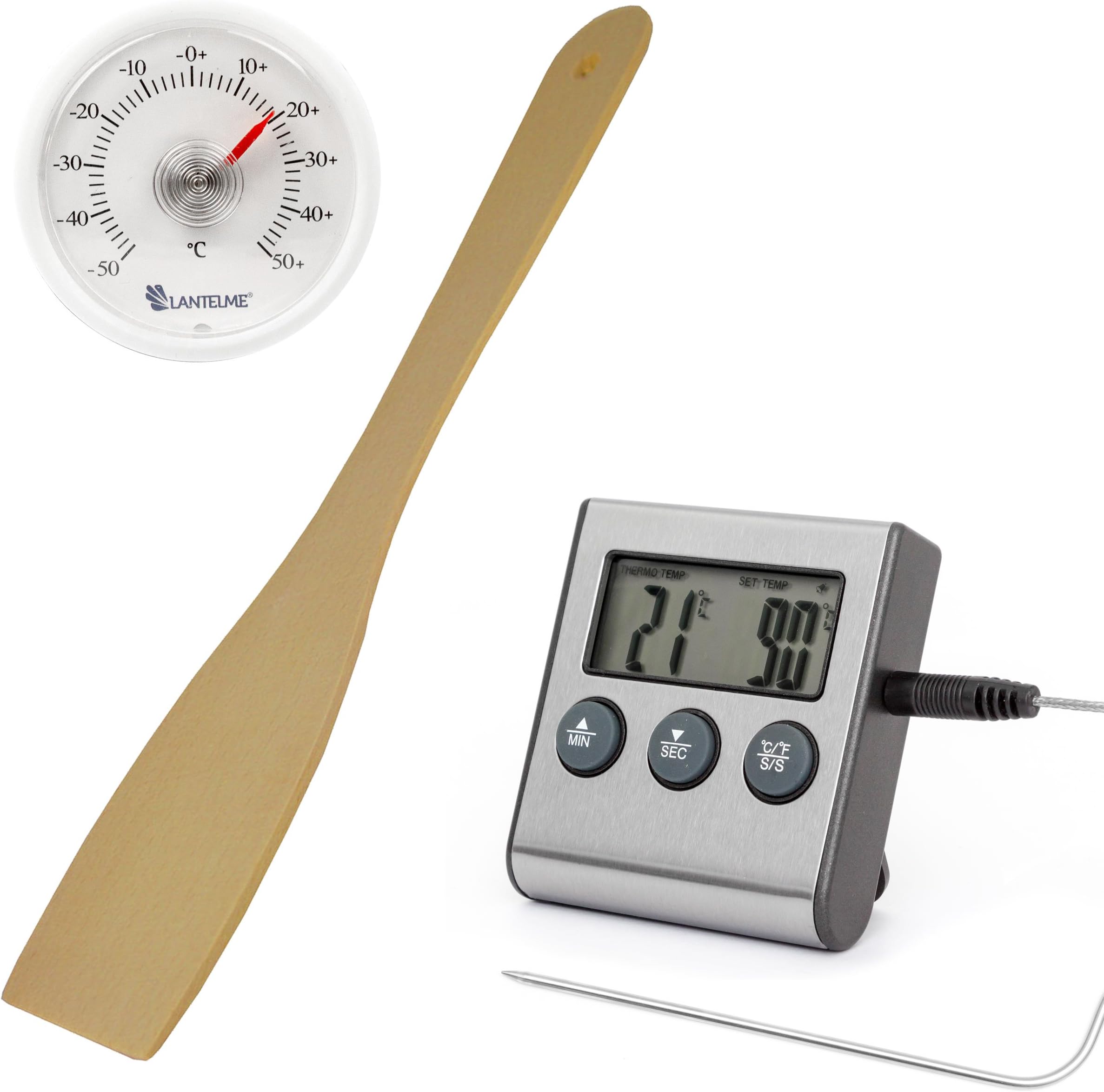 Set Digital Oven - Heat Resistant To Penetration Sensor with Thermometer 250 °C, Alarm and Timer Functions and Analogue Universal Thermometer and Cook Turner Wood