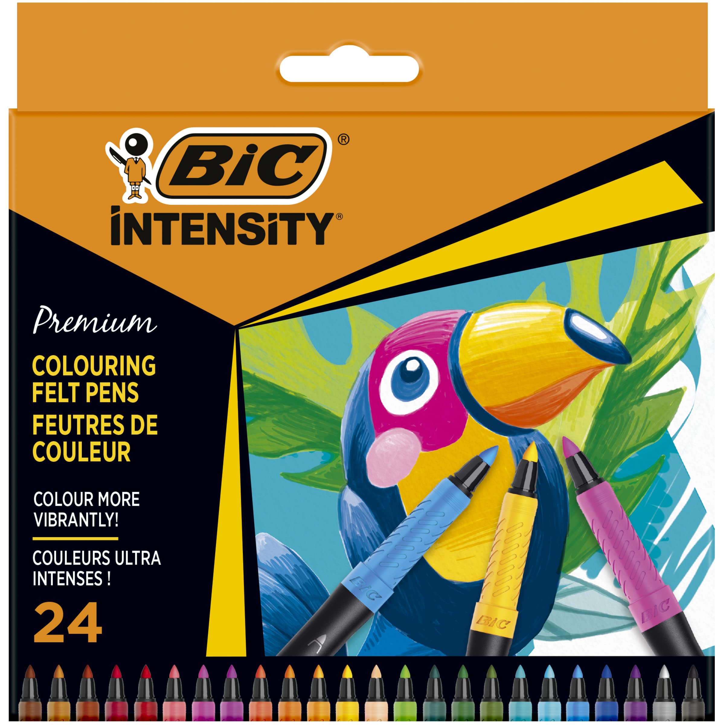 BIC Intensity Premium Colouring Pens with Black Barrel and Comfortable Rubber Grip, Assorted Colours, Pack of 24
