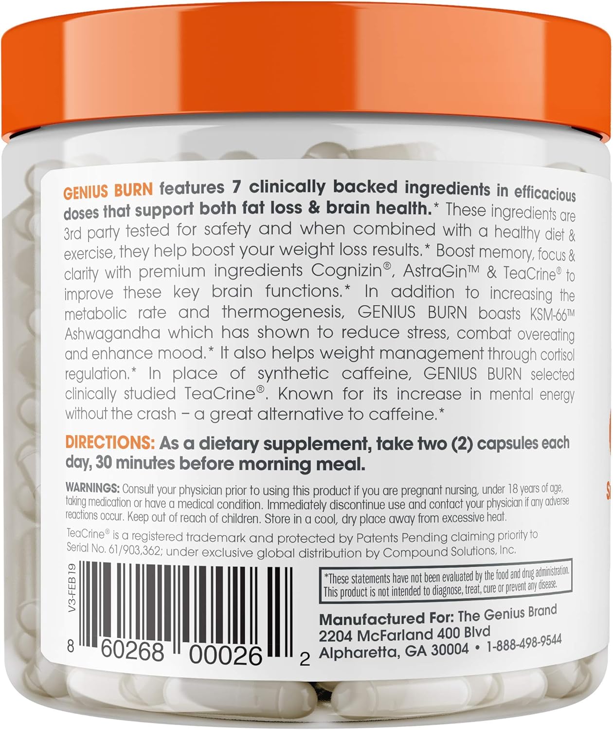 Genius Fat Burner - Thermogenic Weight Loss & Nootropic Focus Supplement - Natural Metabolism & Energy Booster for Men & Women | Thyroid Support and Appetite Suppressant w/ Gymnema Sylvestre, 60 Pills: Health & Personal Care
