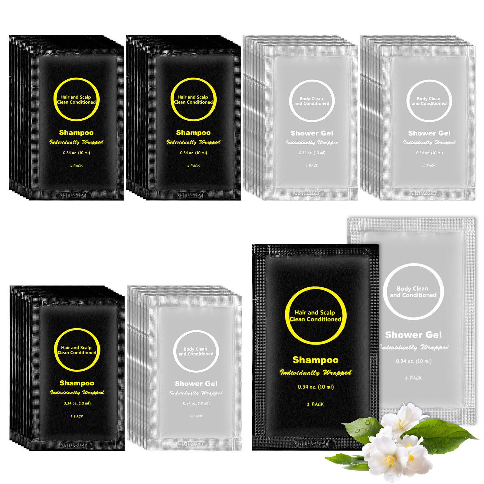 Travel Size Shampoo and Shower Gel Set,Individually Wrapped Toiletry Kit,Mini Body Wash and Shampoo Porable for Travel/Hotel/Guests/Vacation/Homeless (0.34 fl oz(Pack of 60)) — image 1