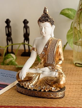 eCraftIndia Handcrafted Meditating Decorative Buddha Polyresin Statue (17.5 cm x 7.5 cm x 27.5 cm, Golden and White)