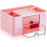 MotiMind Pink Bling Desk Organizer with 2 Drawer, Sparkly Makeup Organizer for Vanity, Girly Desk Accessories, Rhinestone Pen Holder, Elevate Your Workspace with Pink Serenity (Diamond)