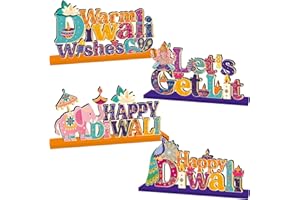 CHYAGCLT 4PCS Diwali Decorations Wood Table Centerpiece for Happy Diwali Let's Get Lit Warm Wishes, Light Candle Henna Pattern Wooden Decor for Traditional Festival Party Celebration Supplies
