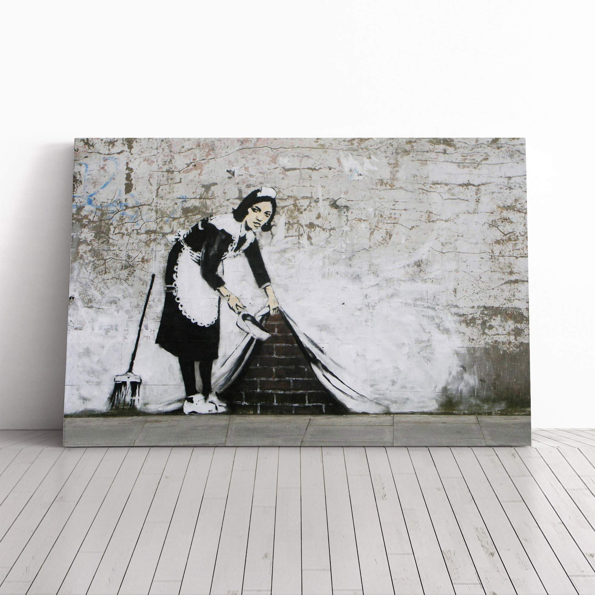 Banksy Maid Sweeping Graffiti Wall Art Canvas Print | Gallery Wrapped 30mm Frame Wall Decor | 20x14 inches | Ready to Hang | Pop Art Picture | Living Room Bedroom Lounge Office