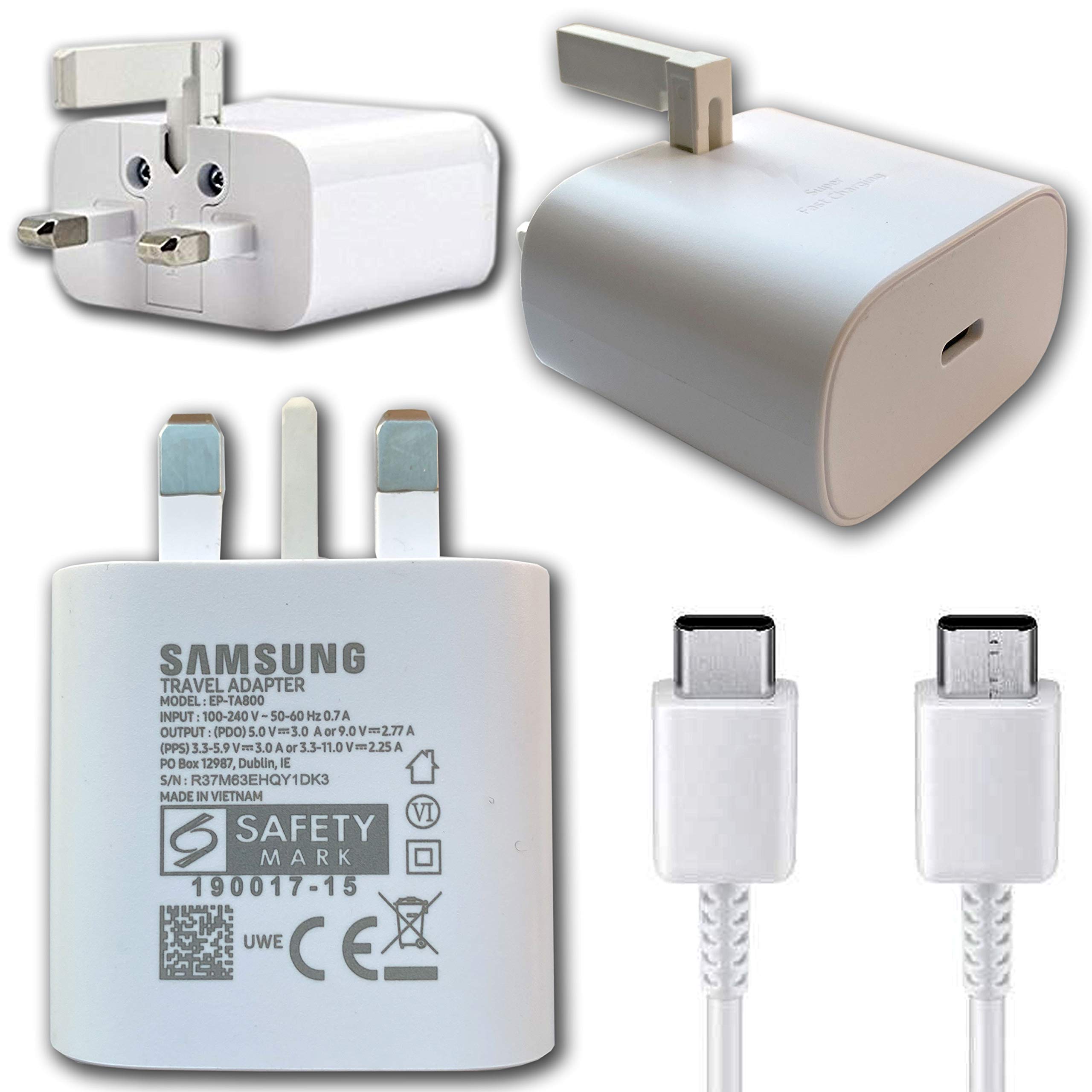 Genuine Samsung Super Fast Charging Adaptive UK Wall Plug & Type C Cable/Lead for Galaxy Note 10, S10 Series & A Series
