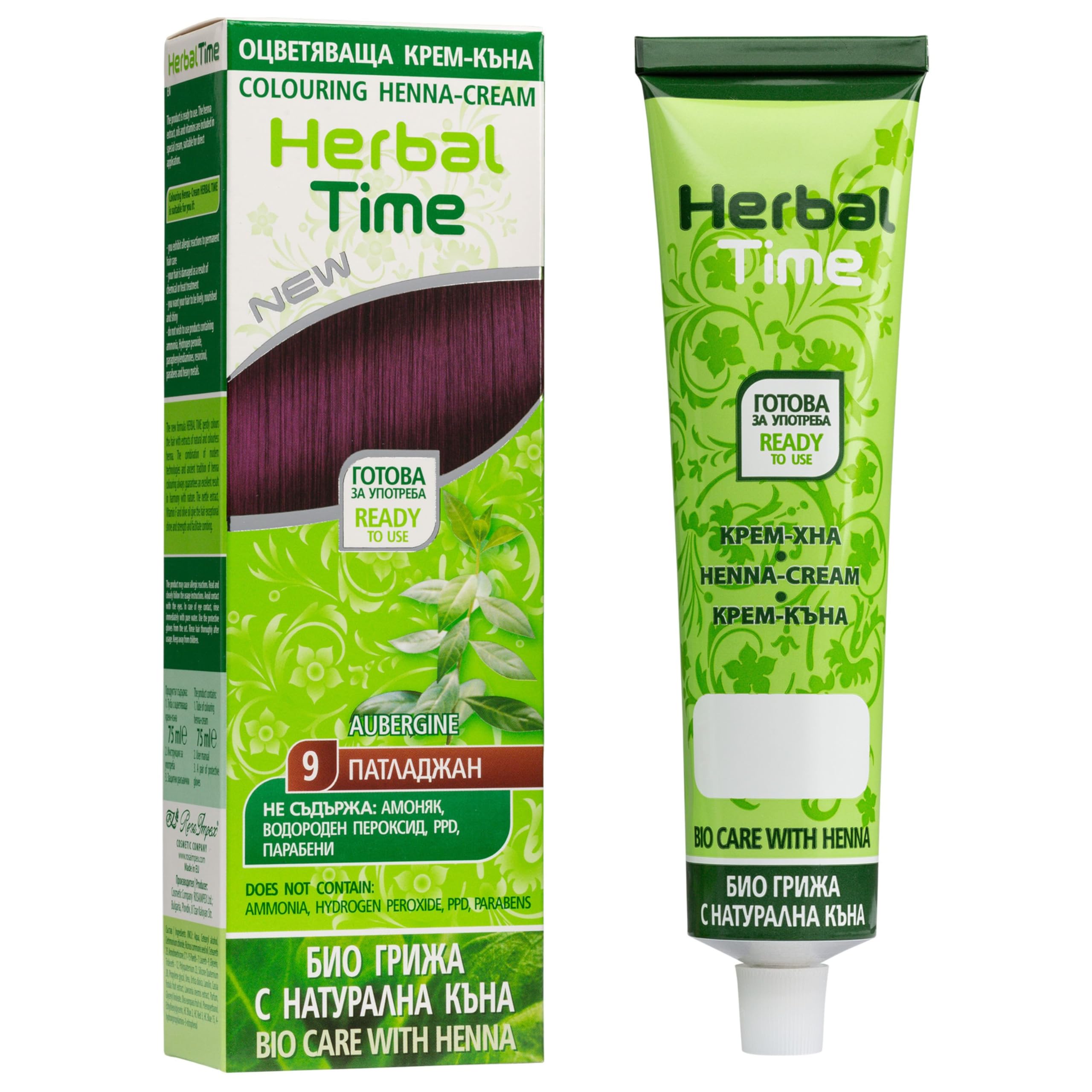 Herbal Time Henna Natural Color Aubergine Nº 9 | Coloring Cream With Nettle Extract | Gray Hair Cover | Temporary Dye | Ammonia, Sulfates, Parabens Free | 75 ml