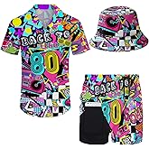 Ldvjkx Mens Hawaiian Shirt and Shorts Set 2 Piece 80s 90s Outfit for Men Short Sleeve Button Down Suit with Bucket Hats