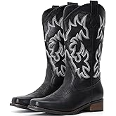 IUV Cowboy Boots For Women Square Toe Cowgirl Boots Mid Calf Western Boots Pull On Fashion Cowboy Boots