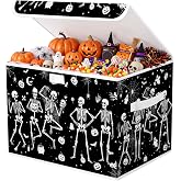 Briwooody Gothic Skull Halloween Storage Bin with Lid and Carrying Handle | Black Halloween Storage Box, Large Skeleton Foldable Storage Basket, Decorative Collapsible Container for Closet Bedroom Gift