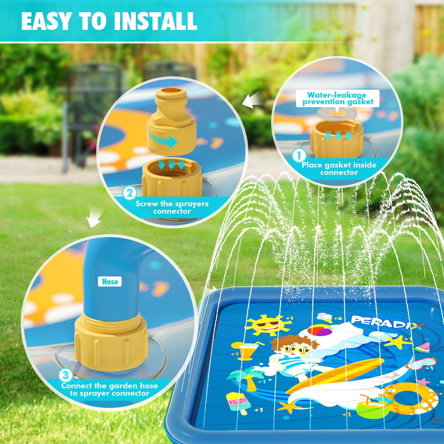 Peradix Splash Pad,Sprinkler Play Matte,170cm Sommer Garten Wasserspielzeug Kinder Baby Pool Pad Spritzen für Outdoor Familie Aktivitäten/Party/Strand/Garten/Kinder, Hund und Haustiere