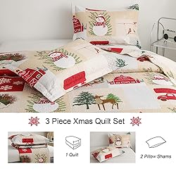 Christmas Quilt Set Twin Size Xmas Red Beige Plaid