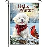 Hello Winter Dog Garden Flags for Outside 12x18 Double Sided, Small Burlap Vacation Bichon Frise Yard Flags Christmas Decoration for Outdoor Garden Patio Decor, Bichon Frise Gifts for Dog Lovers Women