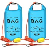 CalPalmy 2PK 2-in-1 Sand Anchor Bags for Floats, Rafts, Jet Skis &amp; Kayaks | 20L Capacity, Holds Up to 50 lb of Sand, 12 ft Braided Rope, Stainless Steel Clips, Bright Blue PVC, Doubles as Dry Bag