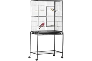 PawHut 64" Large Bird Cage, Rolling Metal Parrot Cage, Bird House with Detachable Rolling Stand, Storage Shelf, Wood Perch, F