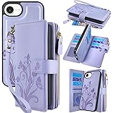 Lacass Case Wallet Compatible with iPhone 16e, [12 Card Slots] ID Credit Cash Holder Zipper Pocket Detachable Leather Wallet Cover with Wrist Strap Lanyard（Floral Light Purple）