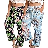 Vozanet Women's Plus Size Pajama Pants 2 Pack Lounge Bottoms with Drawstring and Pockets Ultra-Soft Sweatpants Loose PJS