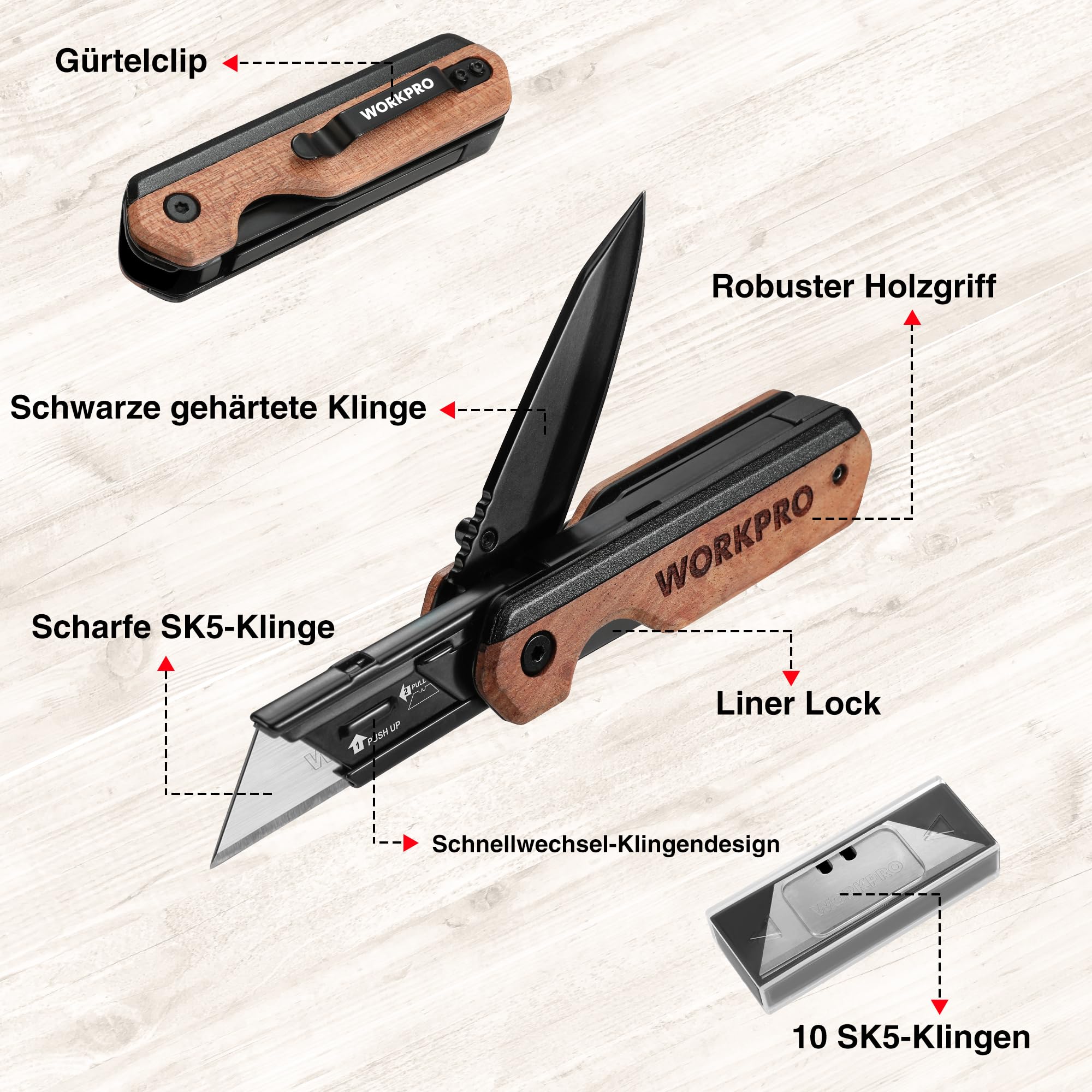 WORKPRO 2-IN-1 Taschenmesser klappbares Universalmesser, Klappmesser aus Aluminium, Faltbares Cuttermesser mit Holzgriff & Gürtelclip, Liner Lock, Schnellwechseln, inkl. 10 zusätzlichen Klingen 3