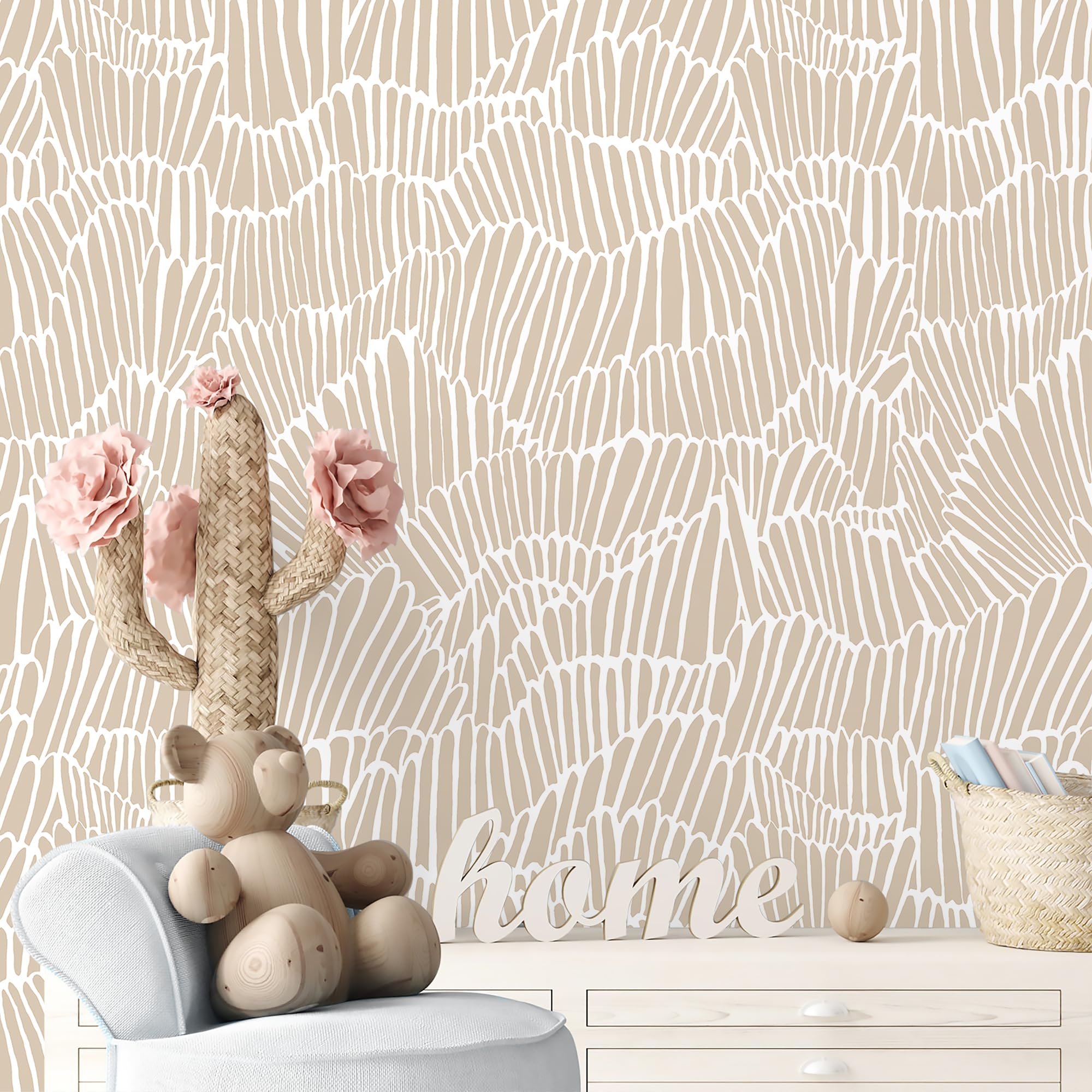 Photo 1 of Guvana Beige Peel and Stick Wallpaper Boho Beige and White Contact Paper Modern Striped Self Adhesive Waterproof Wall Paper for Bathroom Bedroom Decor Removable Temporary Rv Wallpaper Roll17.3×78.7"